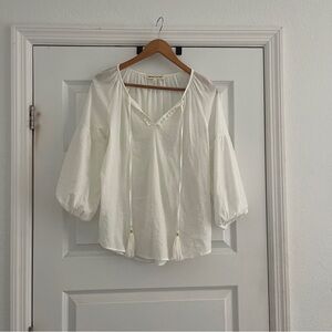 Johnny Was Cream White Cotton Blouse with Tie Accents